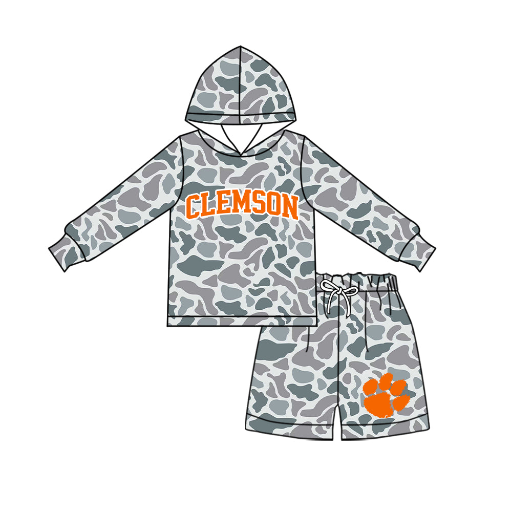 Preorder (moq 5) Baby Boys Grey Camo Clemson Long Sleeve Hoodie Short Team Clothes Sets