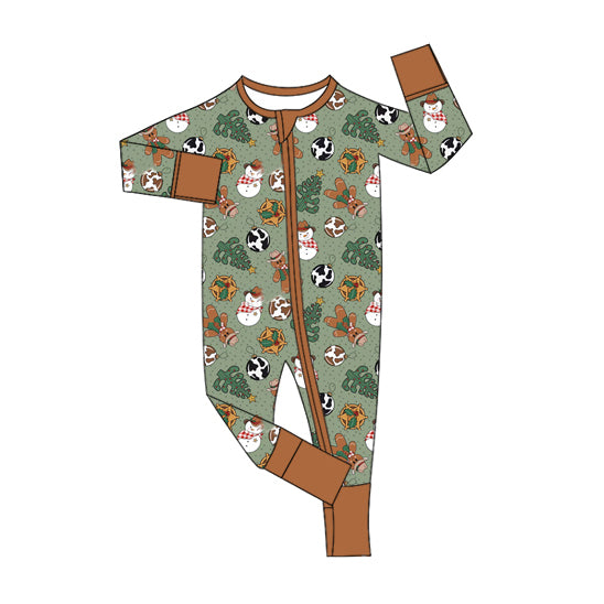 Preorder moq 5 Baby Boys Long Sleeves Lights Snowman Trees Zipper Pant Rompers