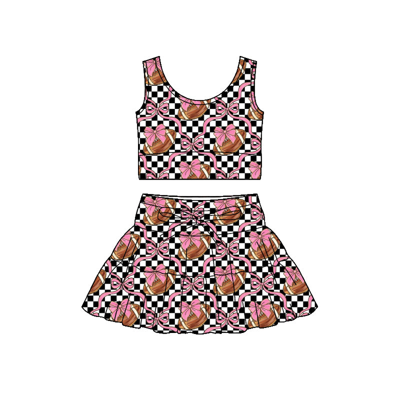 Preorder (moq 5)Baby Girls Black Checked Footballs Bows Vests Skirt Shorts Team Clothes Set