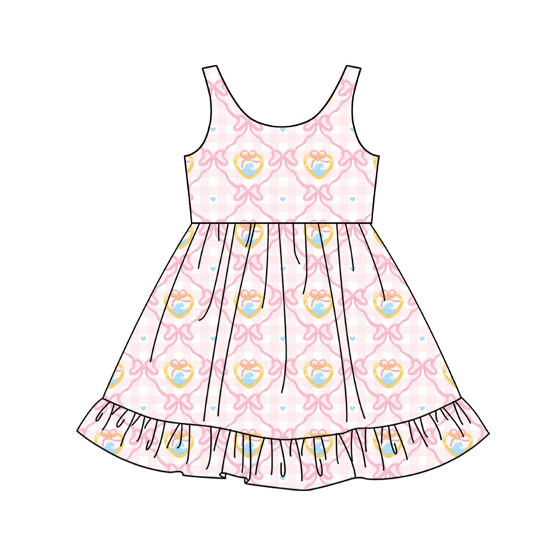 Preorder (moq 5)Baby Girls Pink Hearts Bows Checked Valentines Ruffle Knee Length Dresses