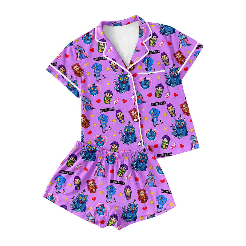 Preorder moq 5 Adult Women Cartoon Girls Hearts Button Pockets Top Shorts Pajamas Sets