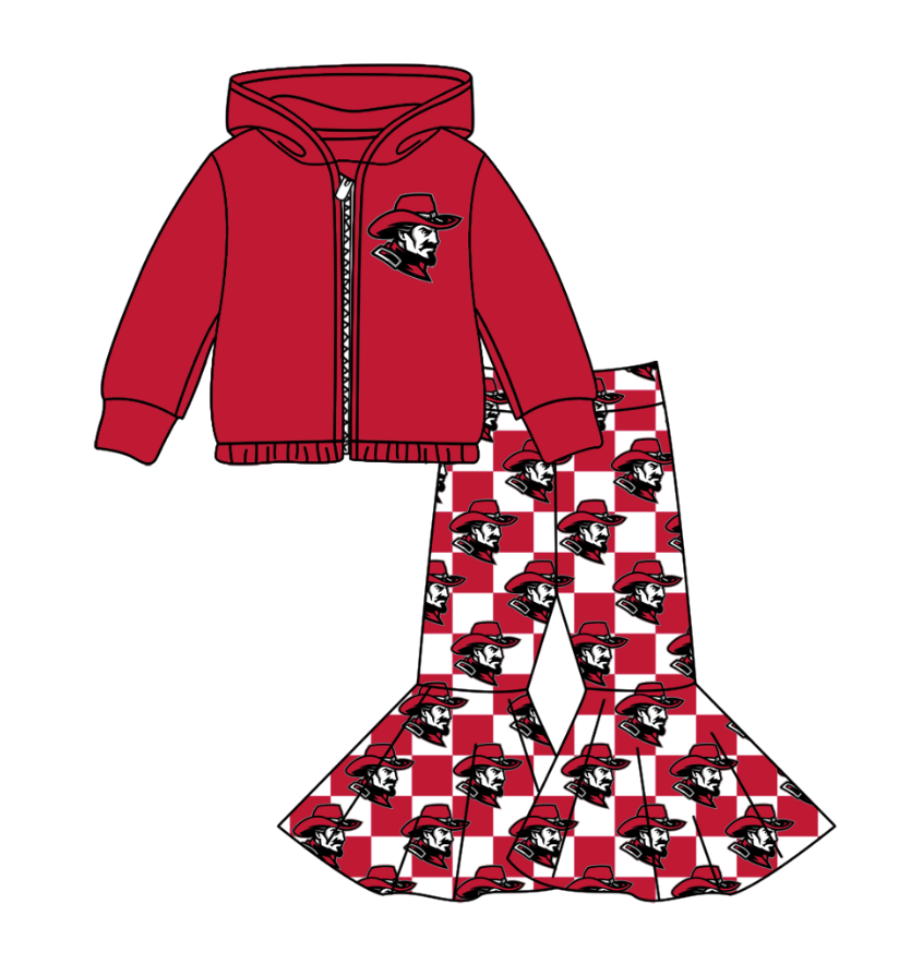 Preorder(moq 5) Baby Girls Red Men Zipper Hoodie Jacket Bell Bottom Pants Team Clothes Sets
