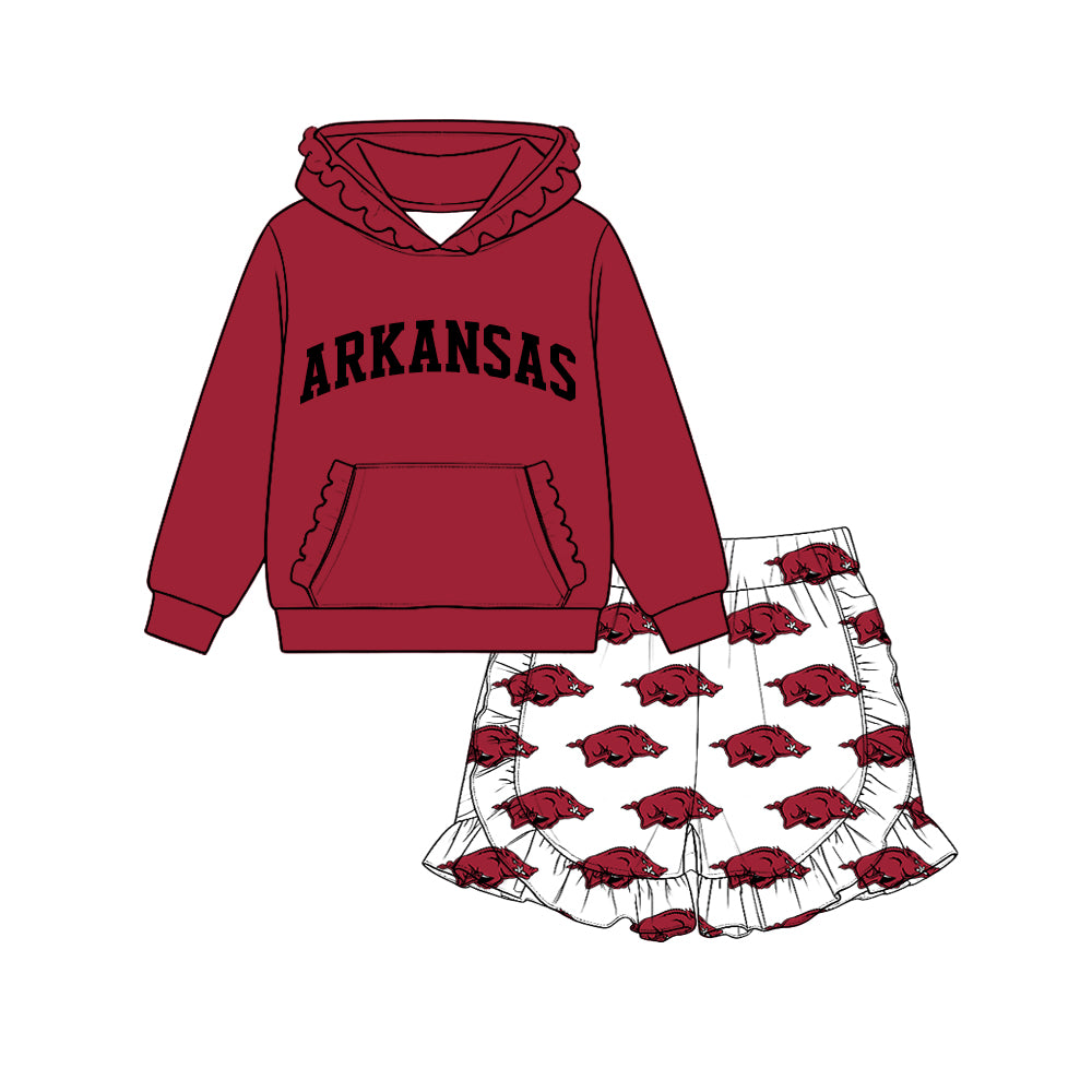 Preorder (moq 5) Baby Girl Clothes Arkansas Letter & Razorback Logo Print Long Sleeve Ruffle Hoodie & Ruffle Short Set