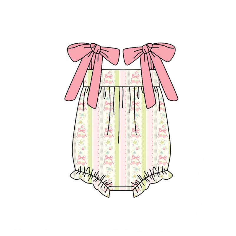 Preorder (moq 5)Baby Boys Peach Strap Bows Flowers Stripe Ruffle Rompers