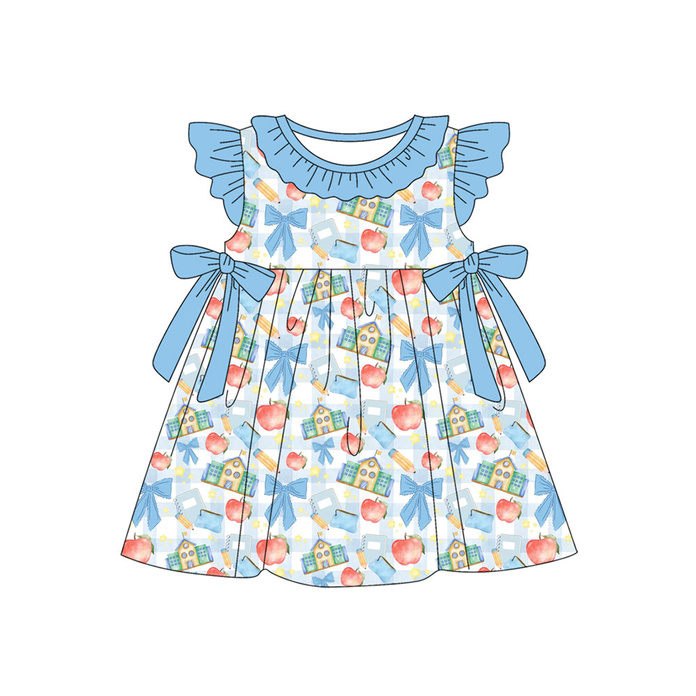 Preorder (moq 5)Baby Girls Blue Checked Pencil Apples Back to School Collar Knee Length Dress