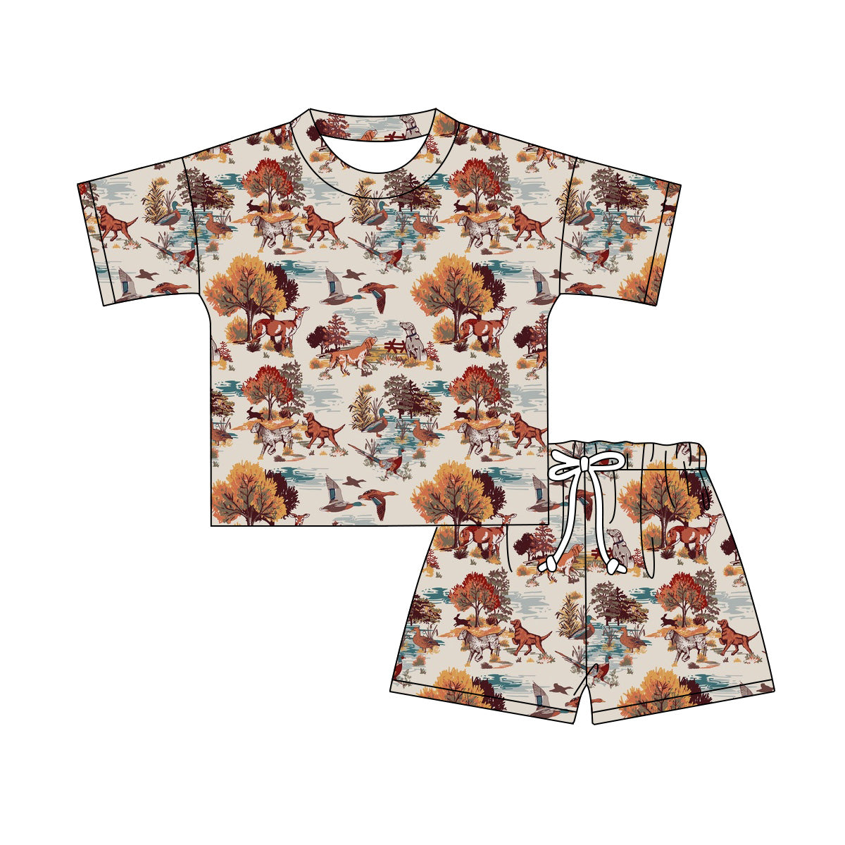 Preorder moq 5 Baby Girls Short Sleeve Dogs Ducks Top Short Hunting Clothes Sets