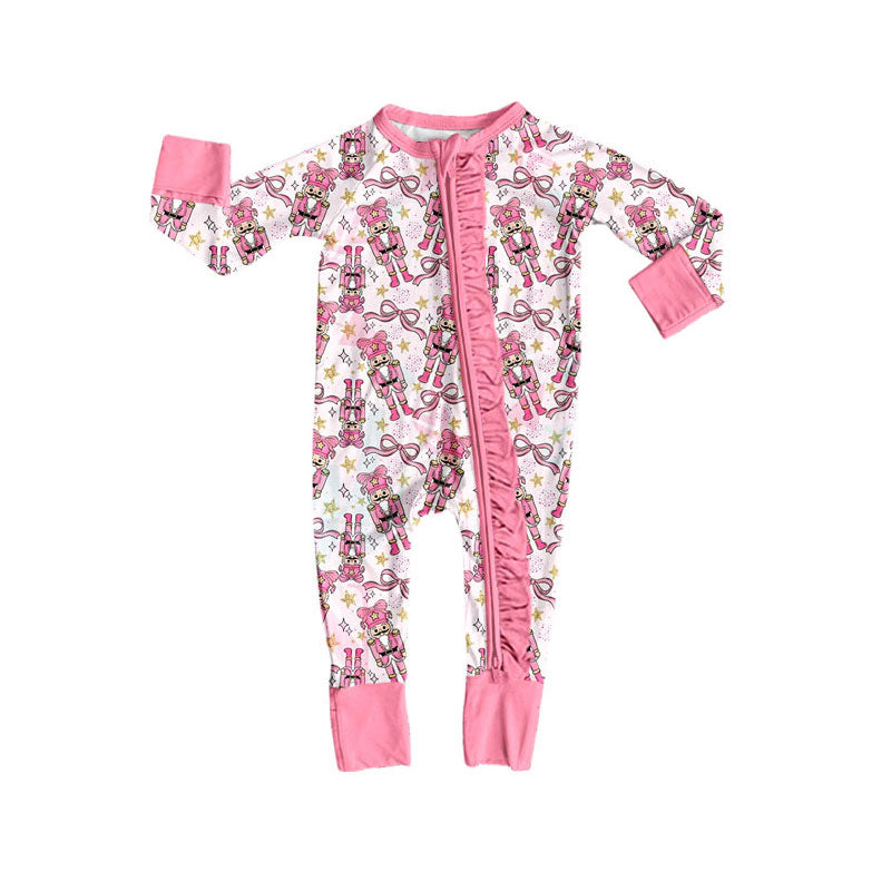 Preorder (moq 5) Baby Girls Bows Soldiers Christmas Two Way Ruffle Zip Convertible Rompers