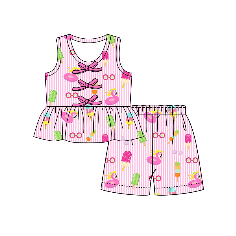 Preorder (moq 5)Baby Girls Pink Stripe Popsicle Button Tunic Shorts Clothes Set