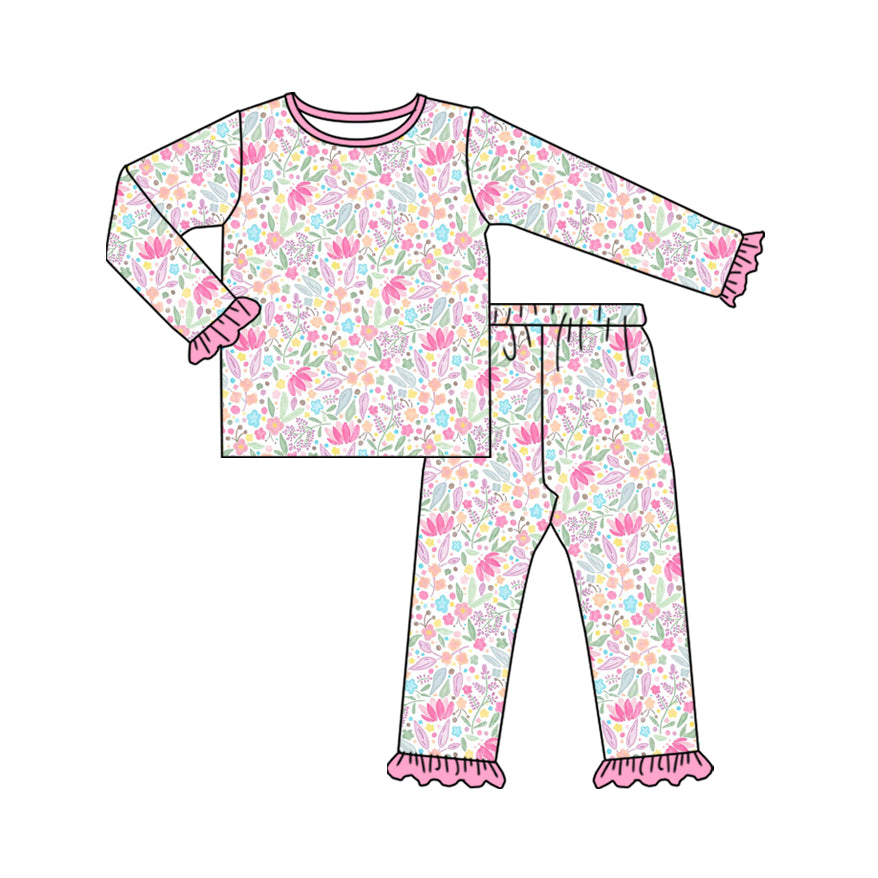 Preorder (moq 20)Baby Girls Bamboo Colorful Floral Plaid Ruffle Pants Pajamas Sets