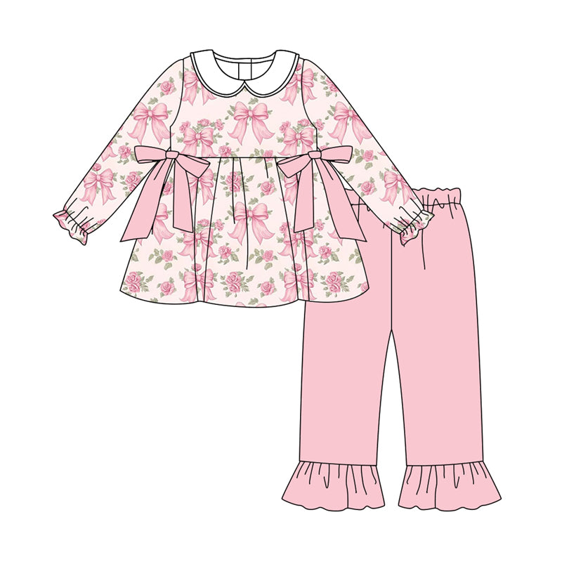 Preorder (moq 5)Baby Girls Long Sleeves Pink Flowers Bows Plaid Tunic Ruffle Pants Set