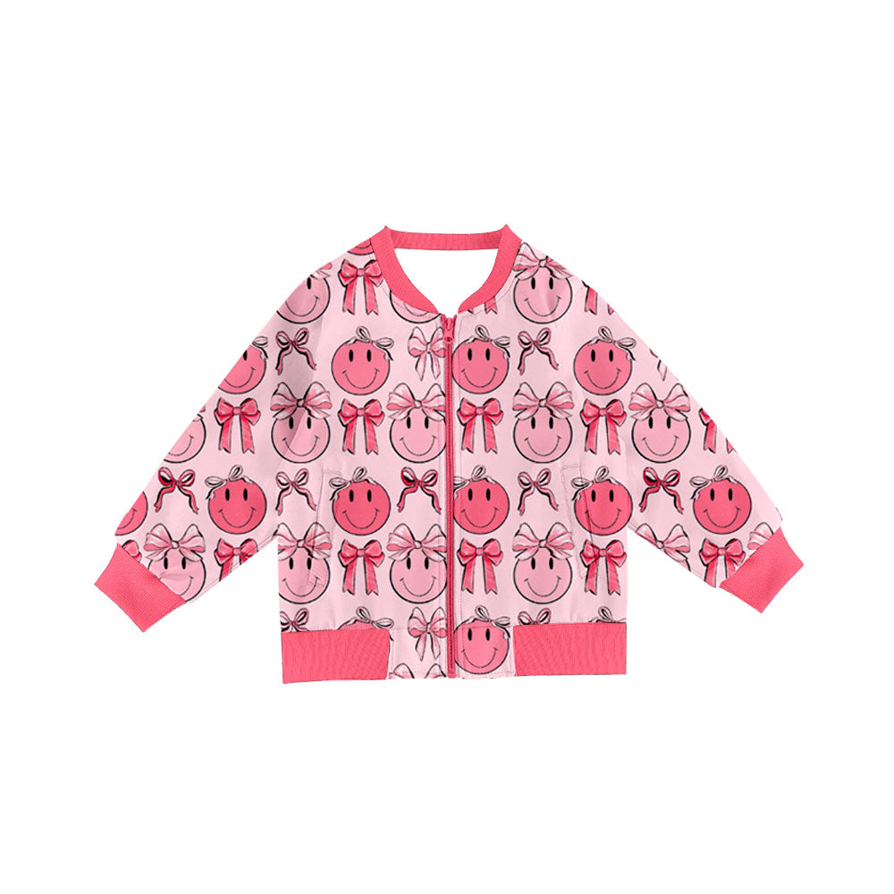 Preorder(moq 8)Baby Girls Long Sleeve Pink Bows Smiles Pockets Zip Jackets Top