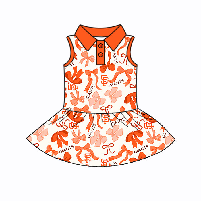 Preorder (moq 5)Baby Girls Sleeveless Orange Bows Plaid Giants SF Button Team Knee Length Dresses