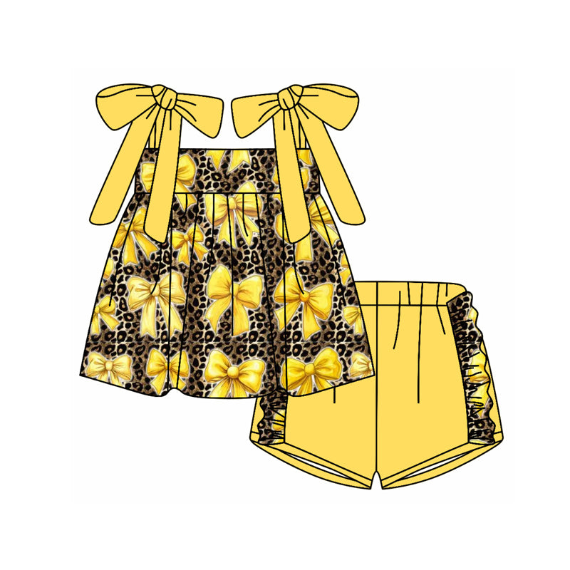 Preorder moq 5 Baby Girls Yellow Strap Bows Leopard Tunic Ruffle Short Set