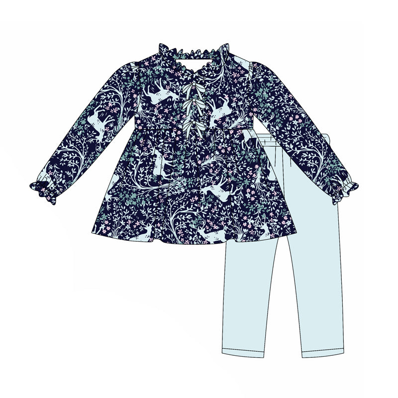 Preorder(moq 5) Baby Girls Blue Floral Deer Button Tunic Legging Pants Clothes Set