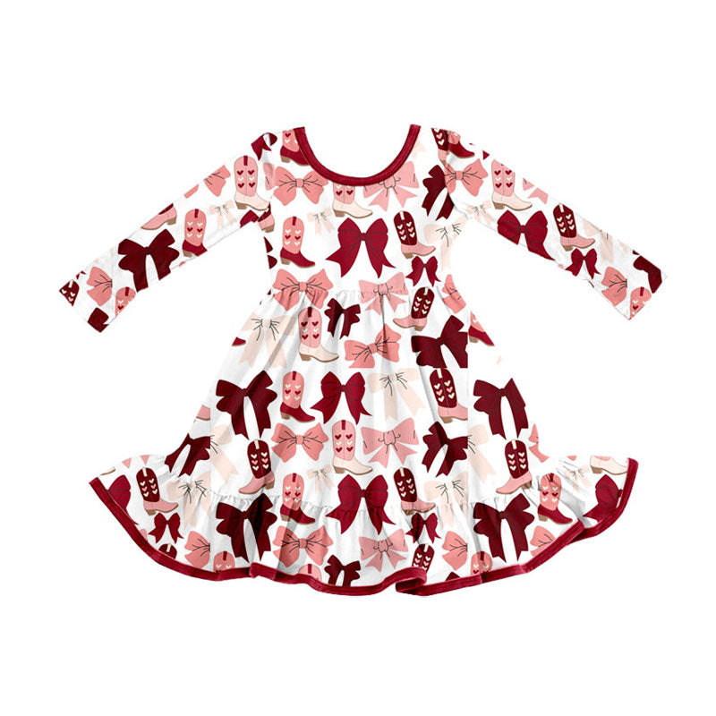 Preorder (moq 5)Baby Girls Red Pink Bows Boots Valentine Ruffle Knee Length Dresses