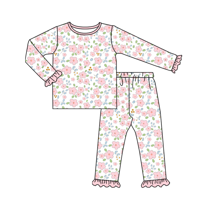 Preorder (moq 20)Baby Girls Bamboo Pink Flowers Plaid Ruffle Pants Pajamas Sets