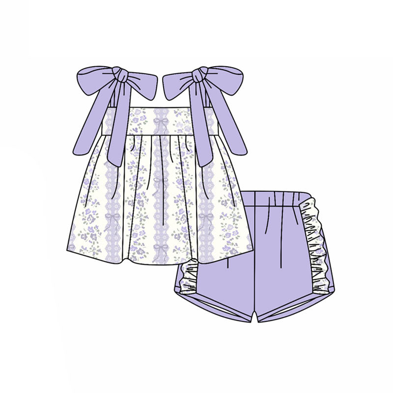 Preorder(moq 5) Baby Girls Lavender Strap Bows Flowers Stripe Tunic Ruffle Shorts Clothes Sets