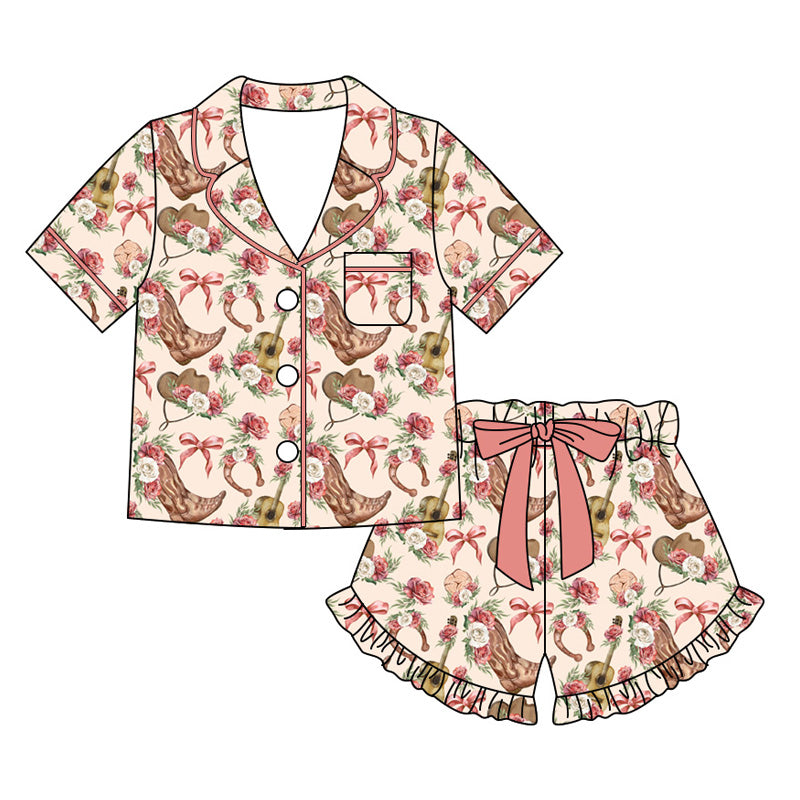 Preorder moq 5 Adult Women Flower Boot Hats Button Pocket Top Ruffle Short Western Pajamas Sets
