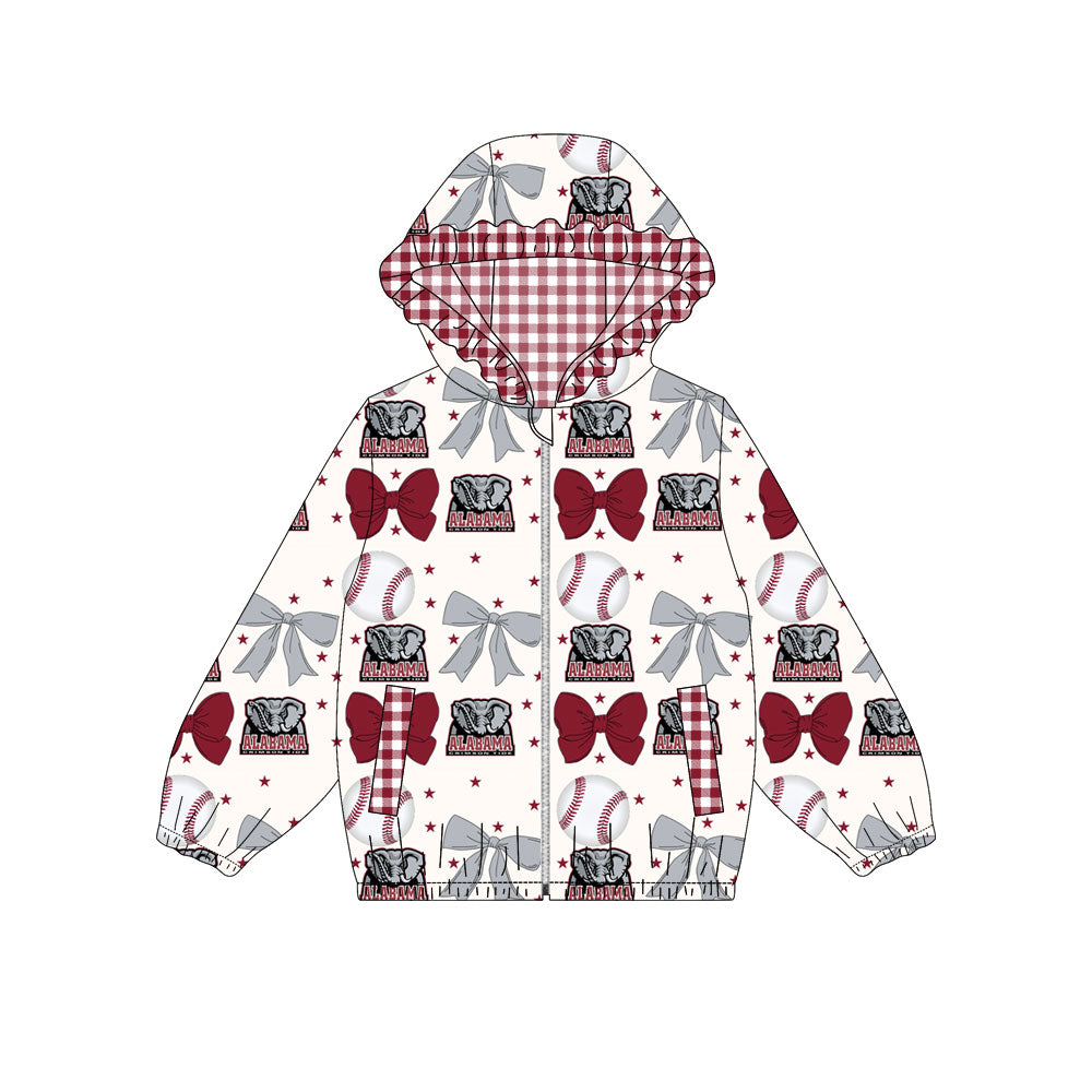 Preorder(moq 8)Baby Girls Grey Red Bows Alabama Pocket Zipper Team Ruffle Hoodies Jackets