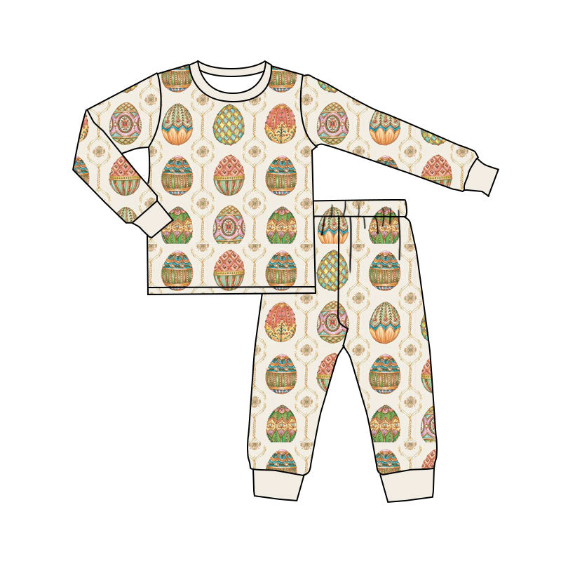 Preorder (moq 20)Baby Girls Bamboo Colorful Eggs Flowers Easter Pants Pajamas Sets