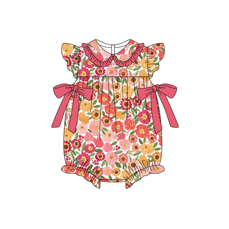 Preorder (moq 5)Baby Girls Flutter Sleeve Red Sunflowers Bows Ruffle Rompers