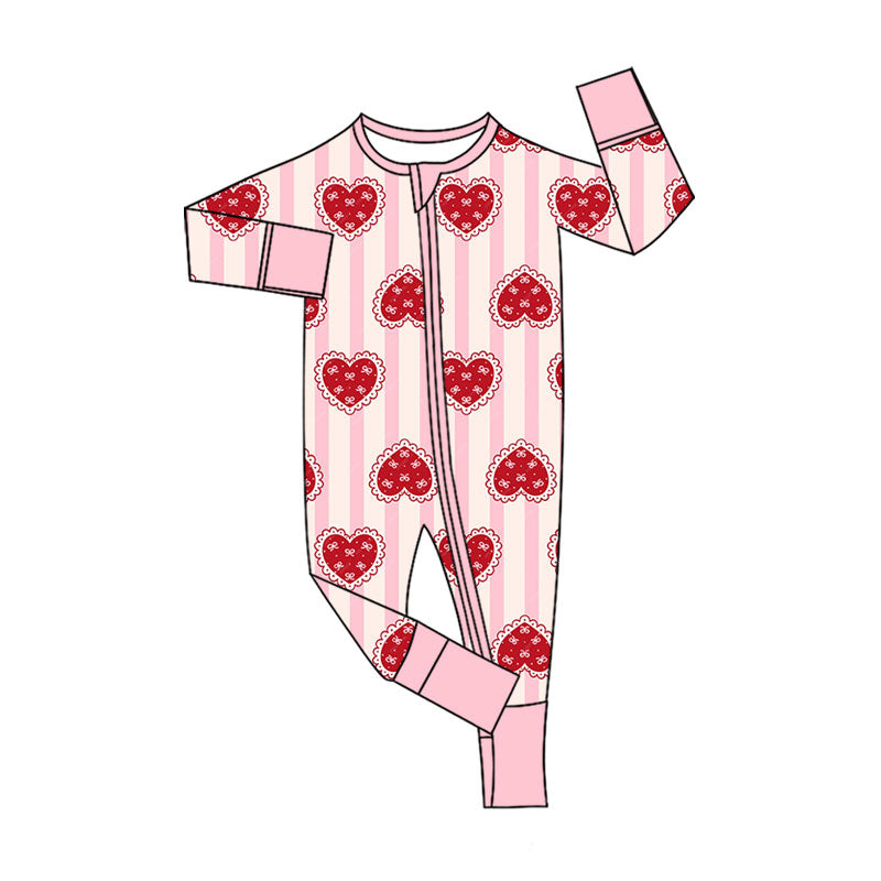 Preorder (moq 5)Baby Girls Pink Stripe Hearts Valentines Two Way Zip Convertible Rompers