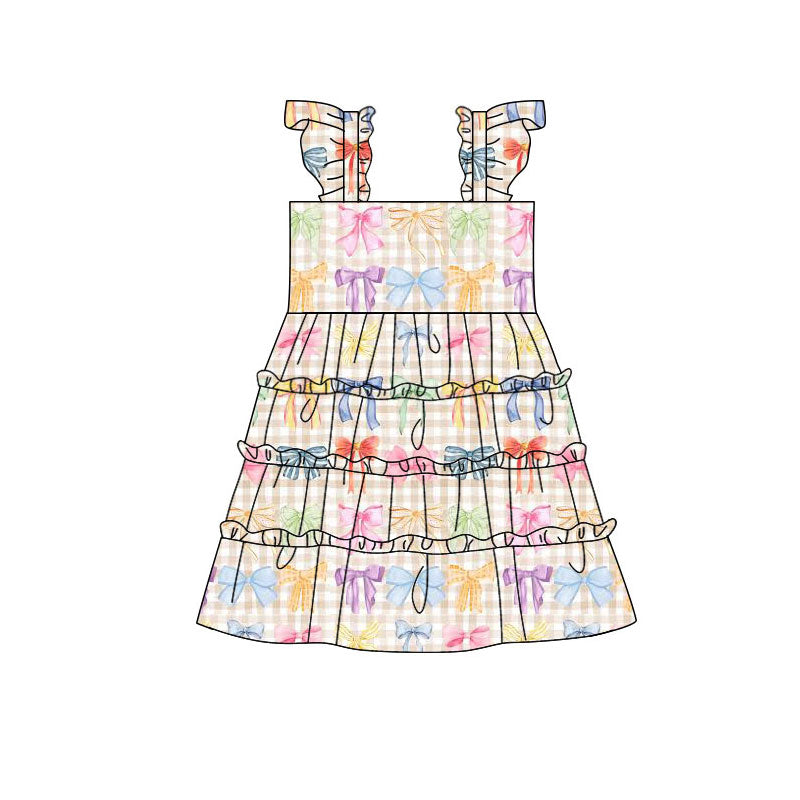Preorder(moq 5) Baby Girls Colorful Bows Checked Patchwork Knee Length Dresses