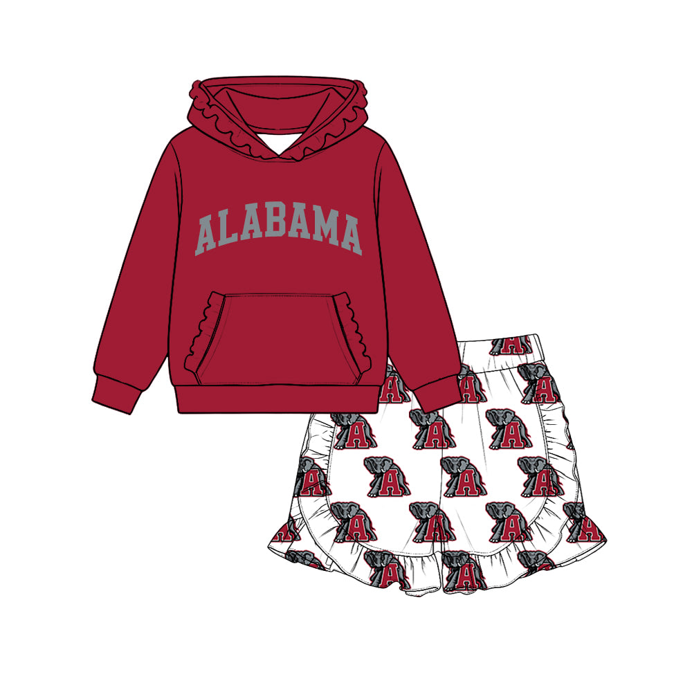 Preorder (moq 5) Baby Girl Clothes Alabama Letter & Elephant Logo Print Long Sleeve Ruffle Hoodie & Ruffle Short Set