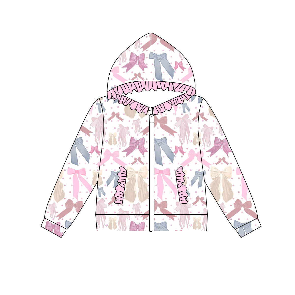 Preorder(moq 8)Baby Girls Polka Dots Bows Plaid Pocket Zipper Ruffle Hoodie Jackets