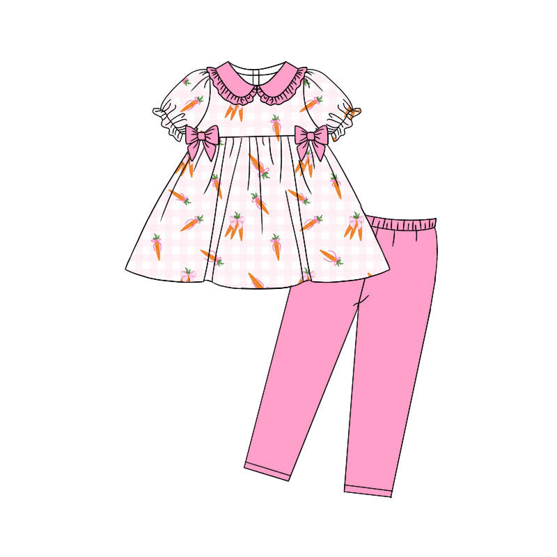 Preorder(moq 5) Baby Girls Pink Checked Carrots Bows Tunic Leggings Easter Clothes Sets