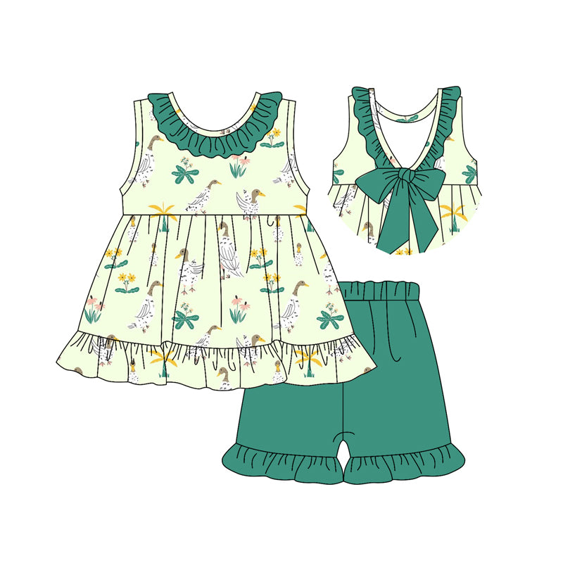 Preorder (moq 5)Baby Girls Green Sleeveless Floral Ducks Backless Bow Tunic Ruffle Short Set