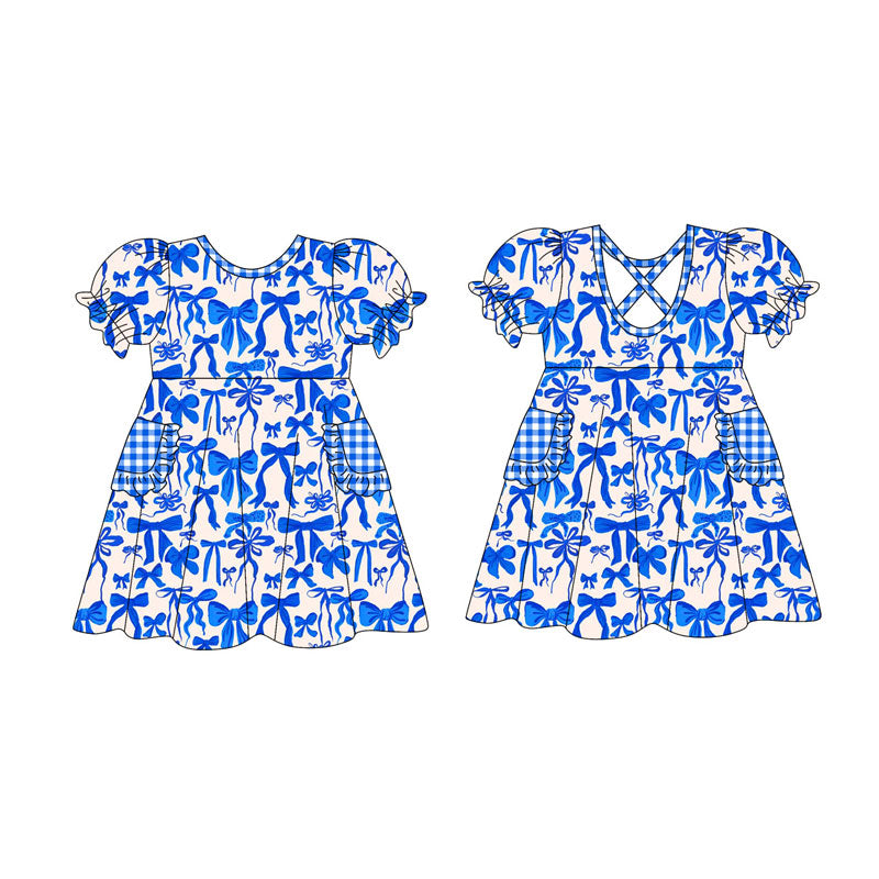 Preorder(moq 5) Baby Girls Hot Blue Bows Plaid Ruffle Pockets Knee Length Dresses