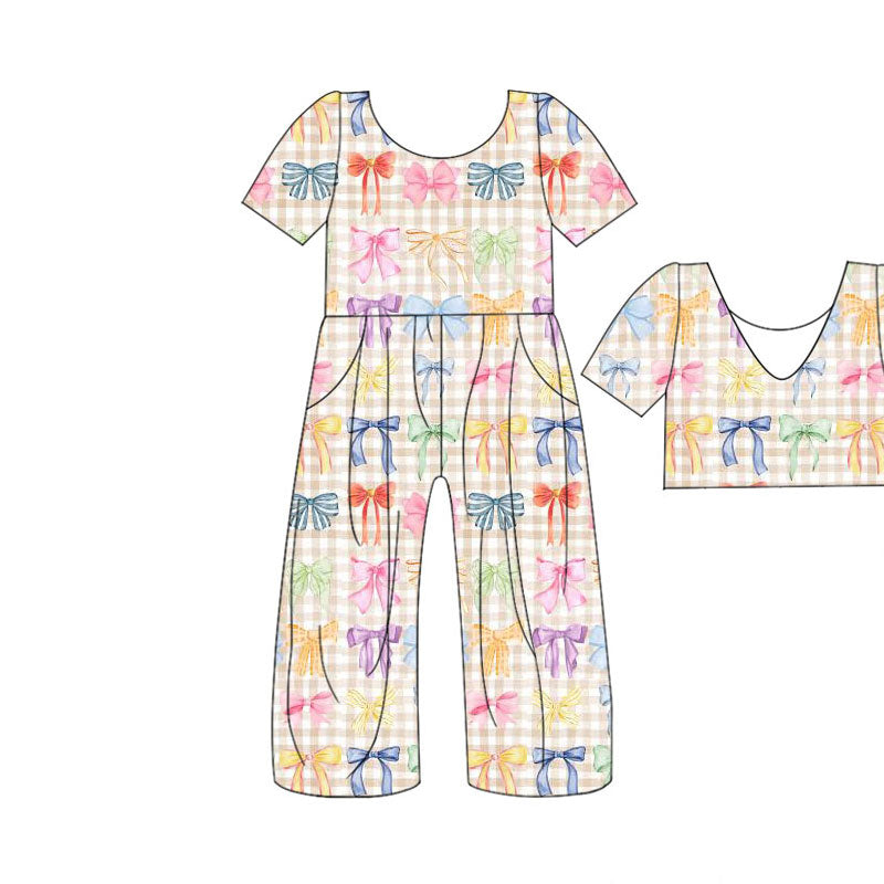 Preorder(moq 5) Baby Girls Colorful Bows Checked Pockets Pants Jumpsuits