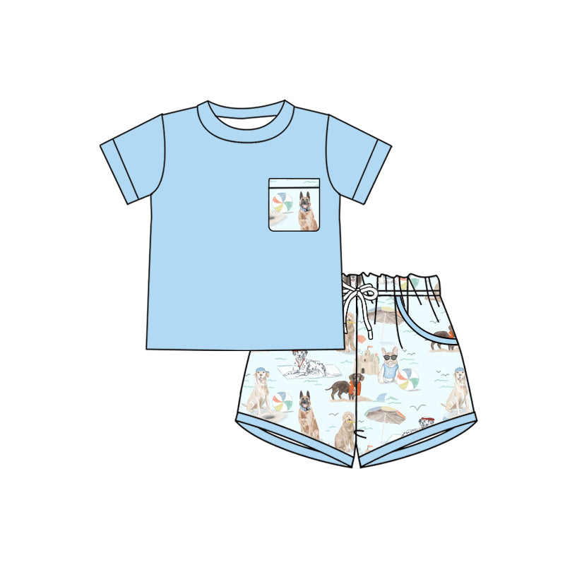 Preorder (moq 5)Baby Boys Shirts Top Dogs Beach Pockets Clothes Sets