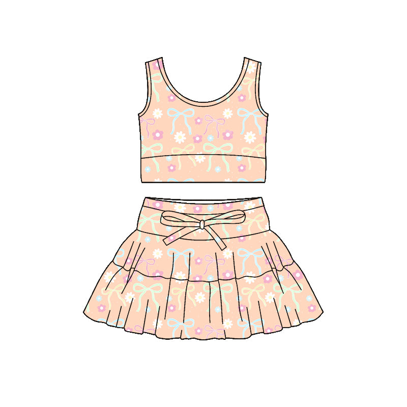 Preorder (moq 5)Baby Girls Sleeveless Colorful Flower Bows Vest Top Skirt Shorts Clothes Sets