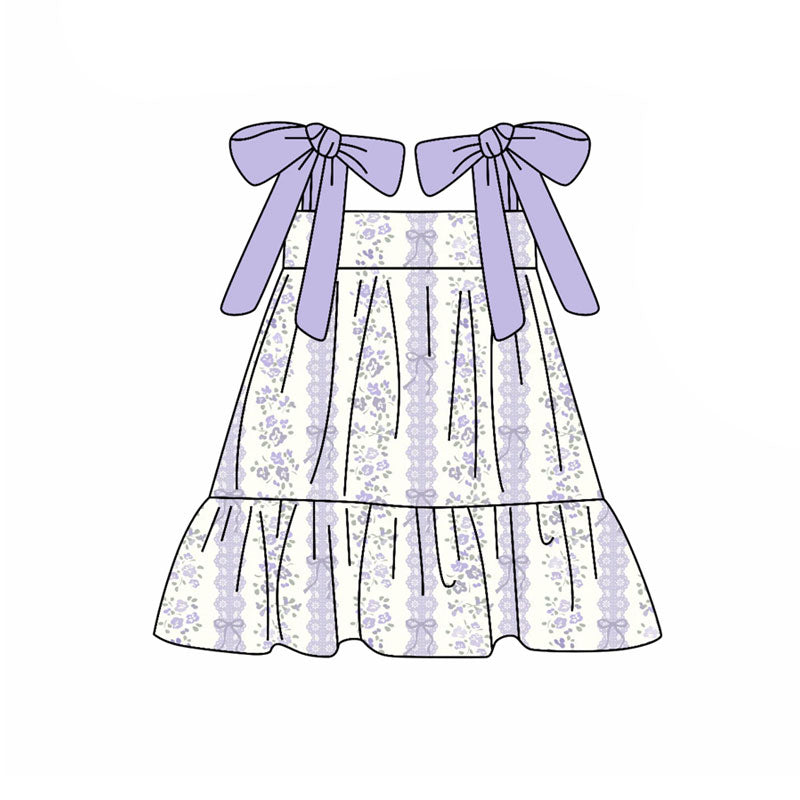 Preorder(moq 5) Baby Girls Lavender Strap Bows Flowers Stripe Ruffle Knee Length Dresses