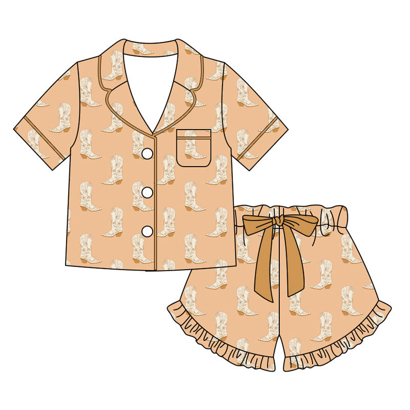 Preorder moq 5 Adult Women Flower Boots Button Pocket Top Ruffle Short Western Pajamas Sets