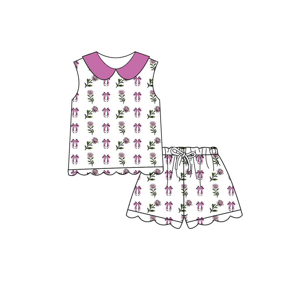 Preorder (moq 5)Baby Girls Bows Flowers Collar Top Scallop Shorts Clothes Sets