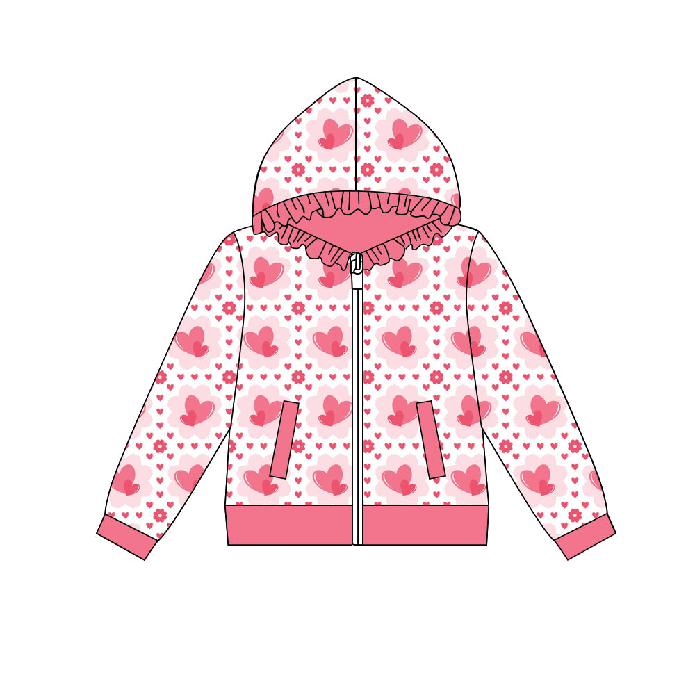 Preorder (moq 5) Baby Girl Clothes Pink Heart Floral Print Long Sleeve Ruffle Zip Hoodie Jacket