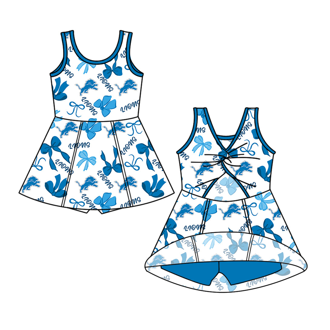 Preorder (moq 5)Baby Girls Sleeveless Blue Bows Plaid Lions Shorts Team Knee Length Dresses
