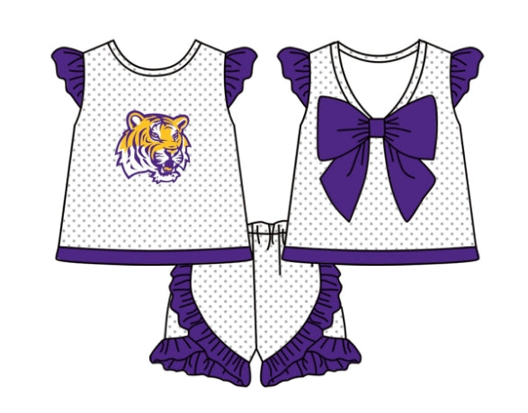 Preorder (moq 5)Baby Girls LSU Team Bow Tunic Ruffle Shorts Clothes Sets