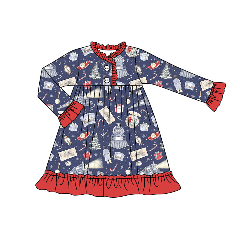 Preorder (moq 5)Baby Girls Gifts Candy Cane Christmas Button Ruffle Knee Length Dresses