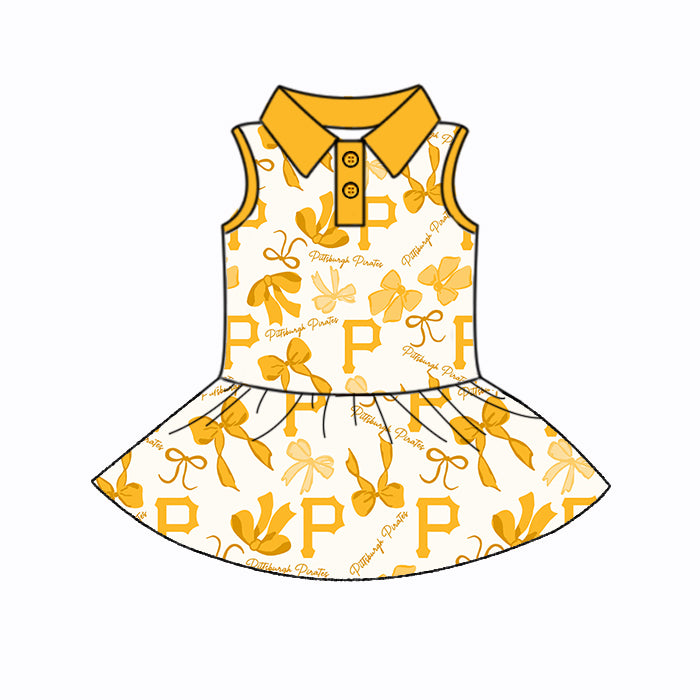 Preorder (moq 5)Baby Girls Yellow Sleeveless Bows Plaid P Button Team Knee Length Dresses