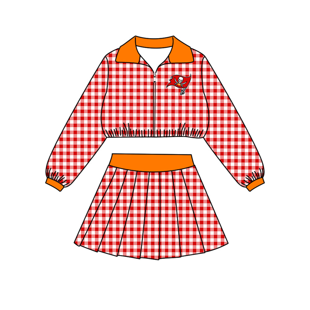 Preorder (moq 5)Baby Girls Red Checked Buccaners Zip Pullovers Skirt Short Team Clothes Set