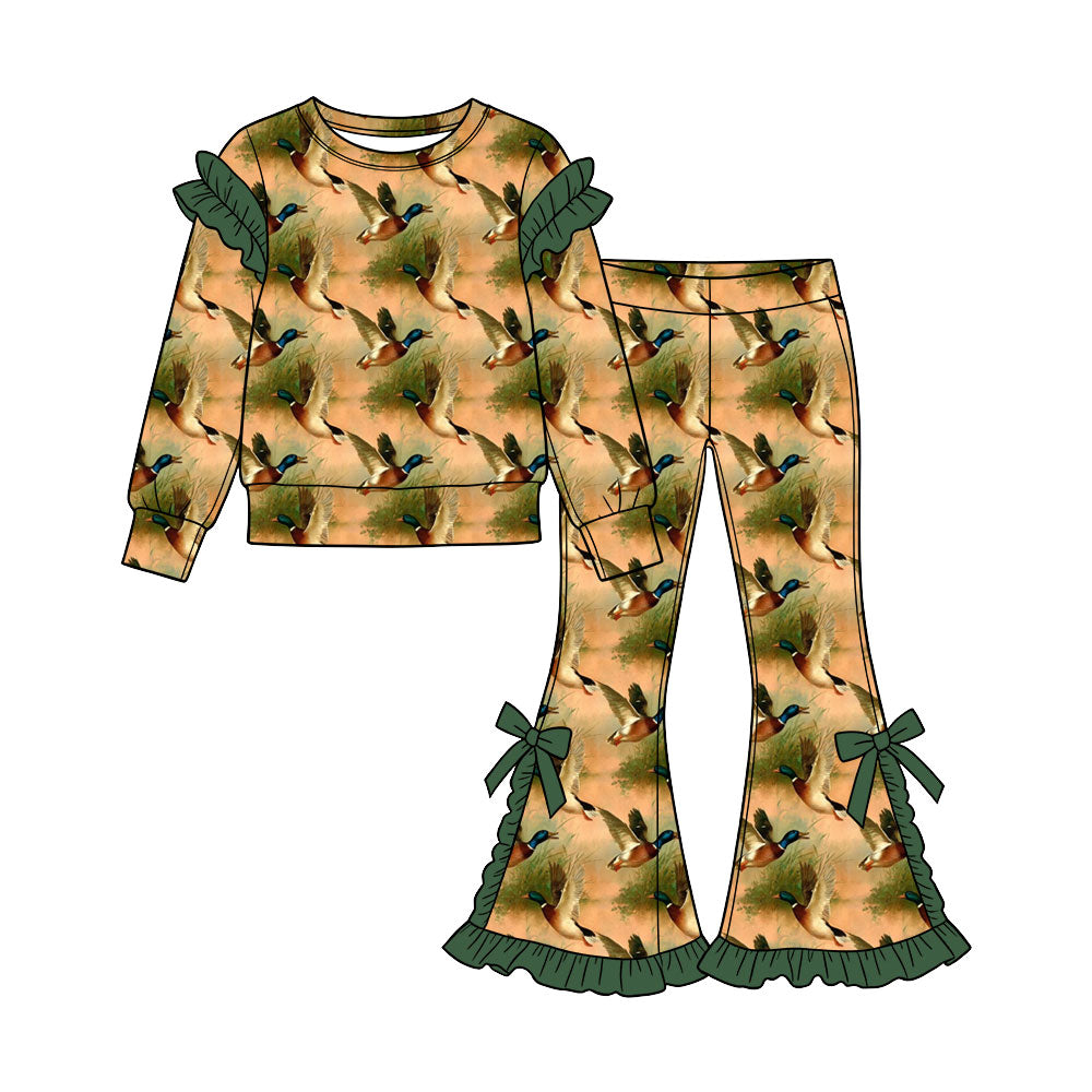Preorder (moq 5) Baby Girl Clothes Vintage Mallard Duck Print Long Sleeve Ruffle Top Flare Pant Set