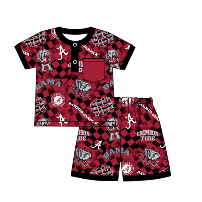 Preorder (moq 5)Baby Boys Short Sleeves Red Plaid Button Pocket Bama A Top Shorts Team Pajamas Set