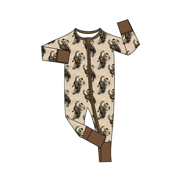 Preorder (moq 20)Baby Boys Bamboo Horse Rodeos Western Two Way Zip Convertible Rompers