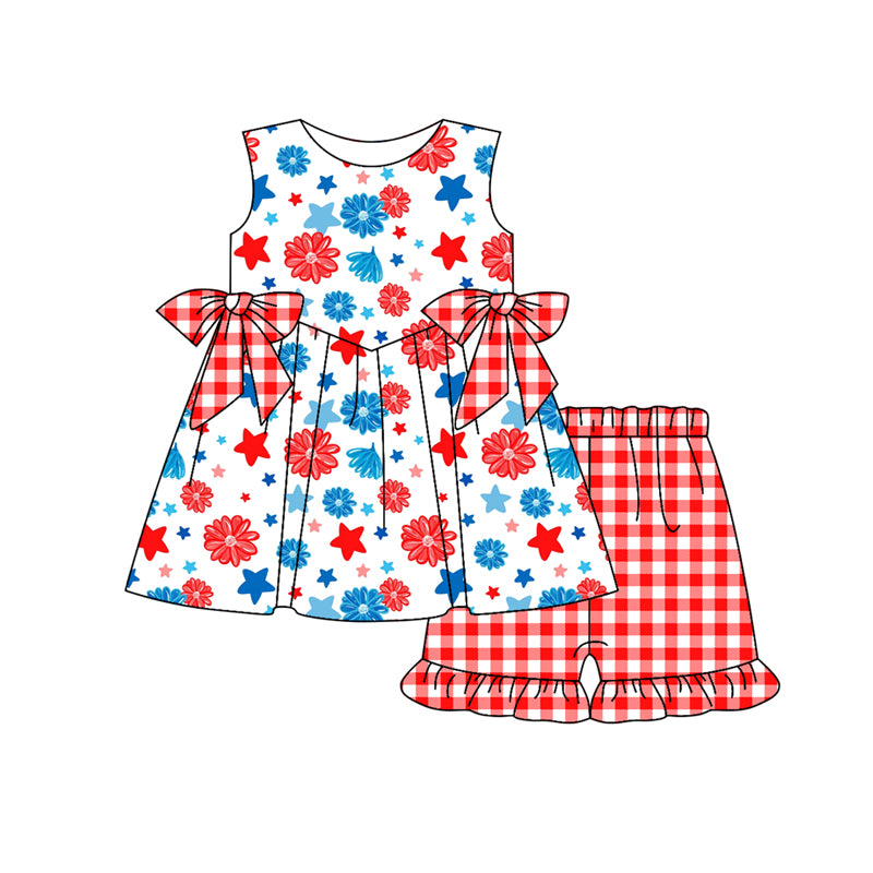 Preorder (moq 5)Baby Girls 4th Of July Stars Flowers Bows Tunic Shorts Outfits Sets