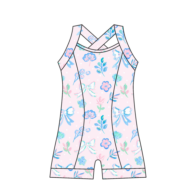 Preorder moq 10 Baby Girls Strap Lavender Flowers Bows Activity Wear Yoga Jumpsuits