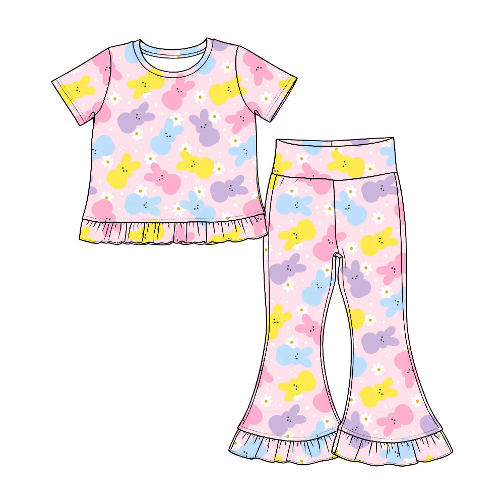 Preorder(moq 5) Girls Ruffle Short Sleeve Top & Ruffle Flare Pants Set Kids Two‑Piece Casual Outfit Set